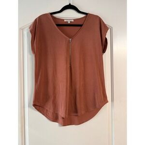 Green Envelope Zip Front Top Medium Terracotta V-Neck Cap Sleeve Boho Earthy